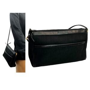 Vintage Lou Taylor Black Signature Fabric Shoulder Bag Leather Trim | Small